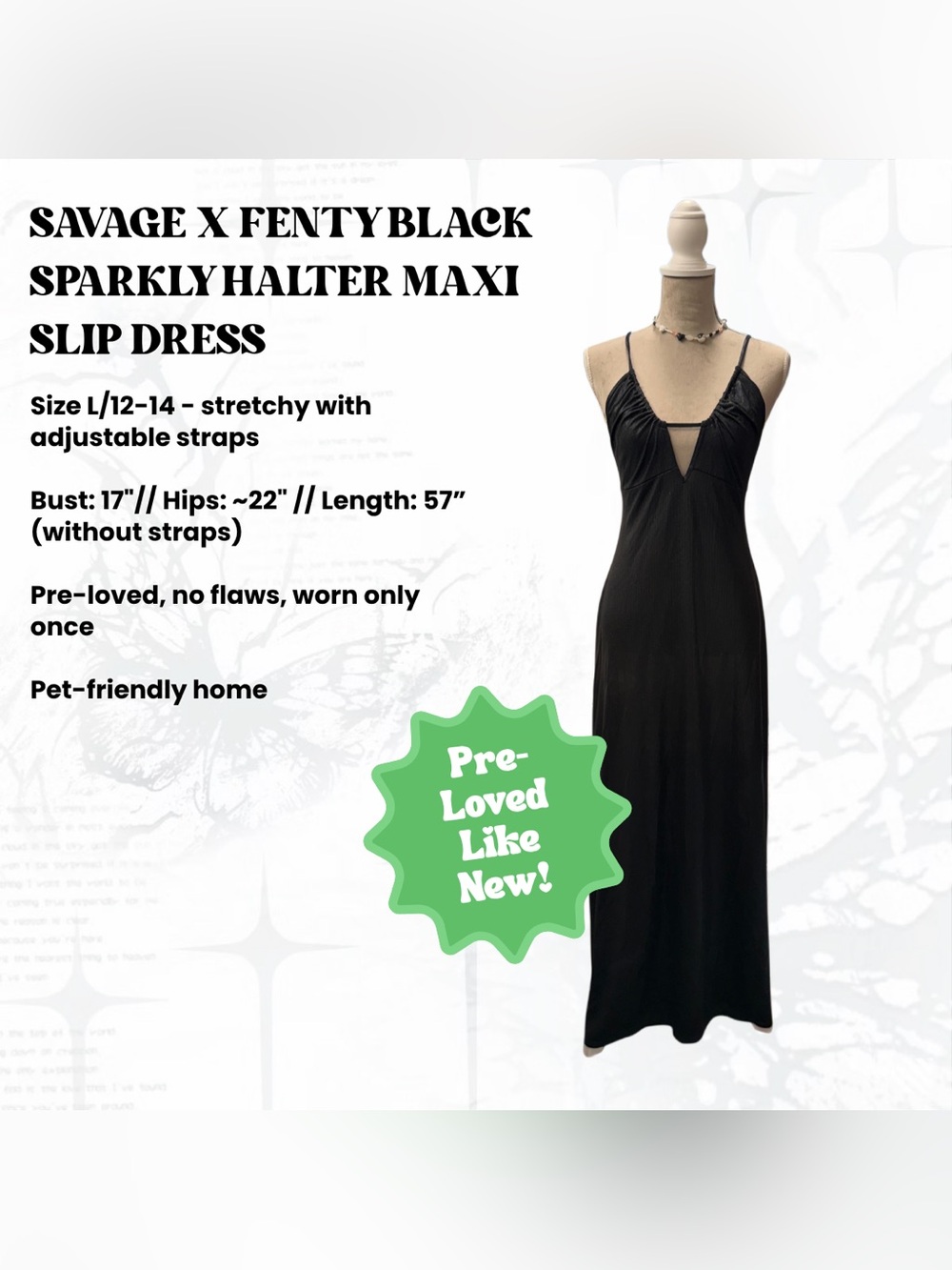Savage X Fenty Black Sparkly Halter Snug-Fit Sleep Slip with Front Keyhole